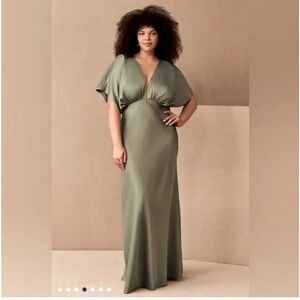 BHLDN Leila Satin Charmeuse Maxi Dress Moss Green Bridesmaid Gown 16W